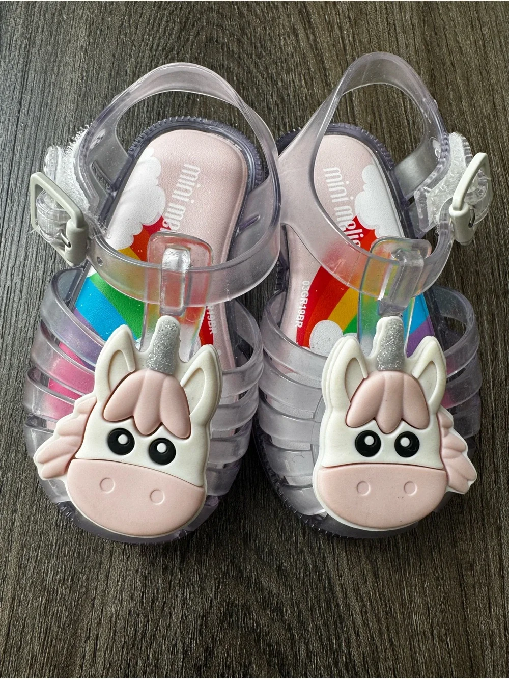 Mini Melissa Clear Jelly Sandals with Pink Unicorn Charm size 5 (toddler)